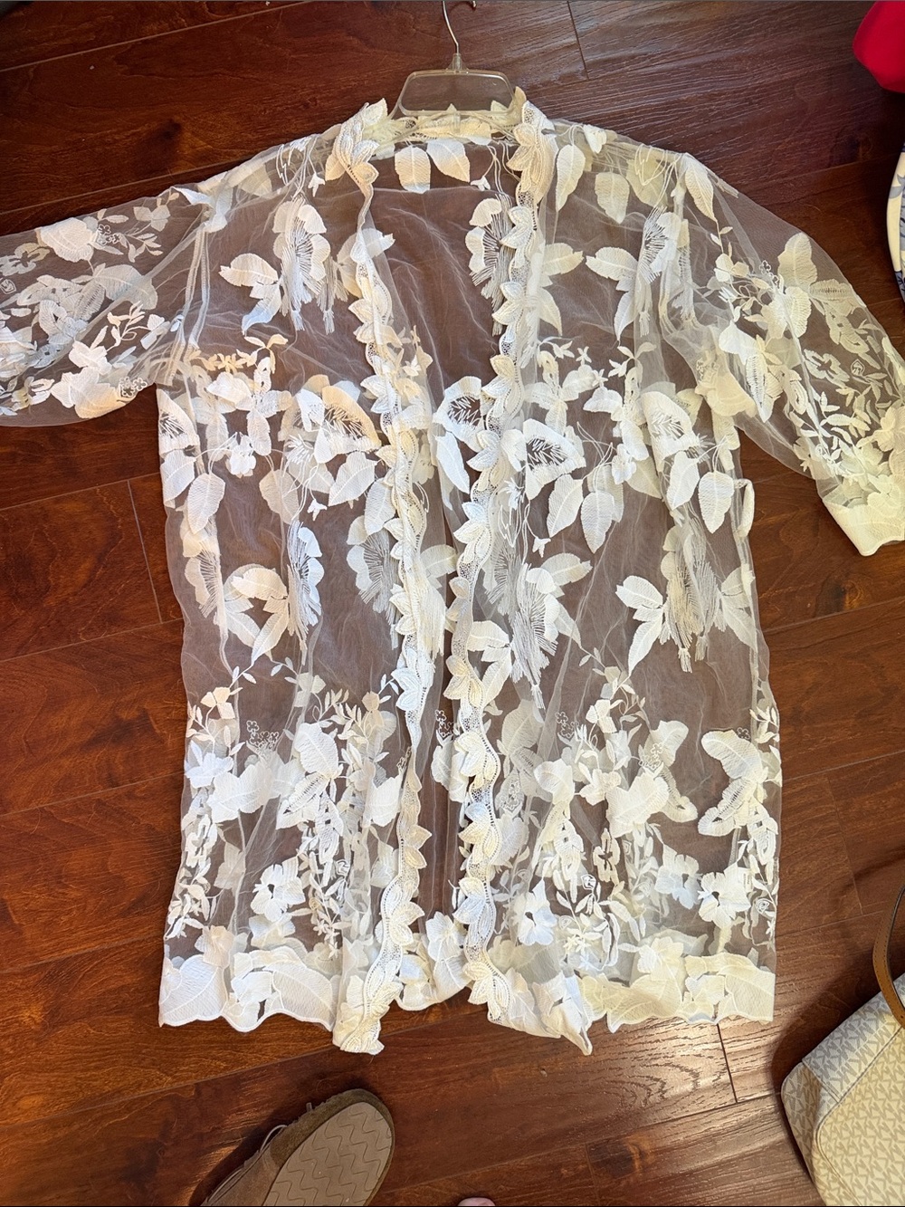 Sheer Embroidered Floral Kimono Cardigan - White